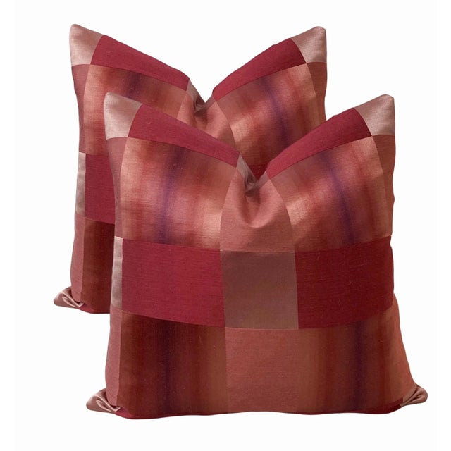 Burgundy Designer Silk Buffalo Plaid Pillows- a Pair For Sale - Image 6 of 6