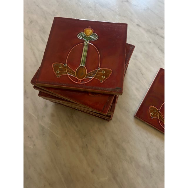 Victorian Art Nouveau Red Jewel Tile Moulded Majolica T & R Boote England, 1905 For Sale - Image 3 of 6