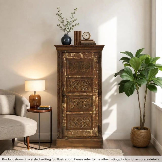 Dimension: 30" W x 18" D x 58" H Features: Handcrafted by skilled artisans Vintage carved door repurposed 100% solid wood...