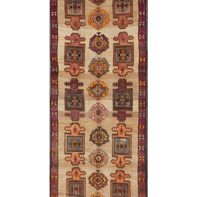 Long Gallery Turkish Runner With Geometric Design in Tan, Orange, Gray & Purple 6'6 X 17'2 For Sale - Image 4 of 8