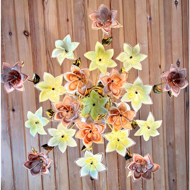 1980s Italian Floral Glass Flush Mount With 21 Yellow & Brown Murano Style Flowers For Sale - Image 11 of 18