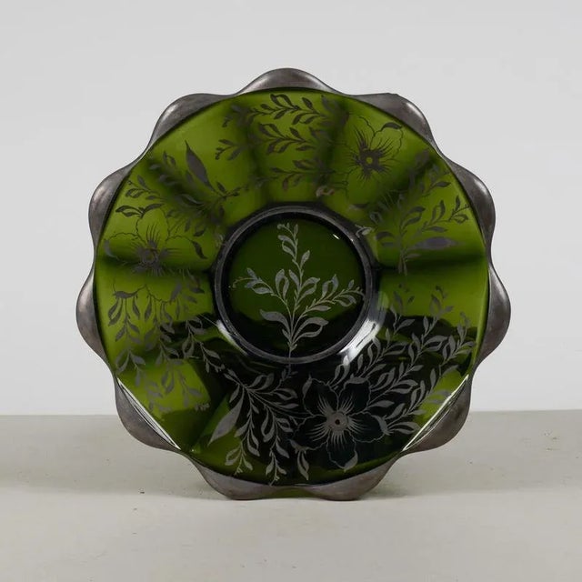Mid-Century Green Glass Plates with Silver Decorations, Set of 2 For Sale - Image 3 of 7