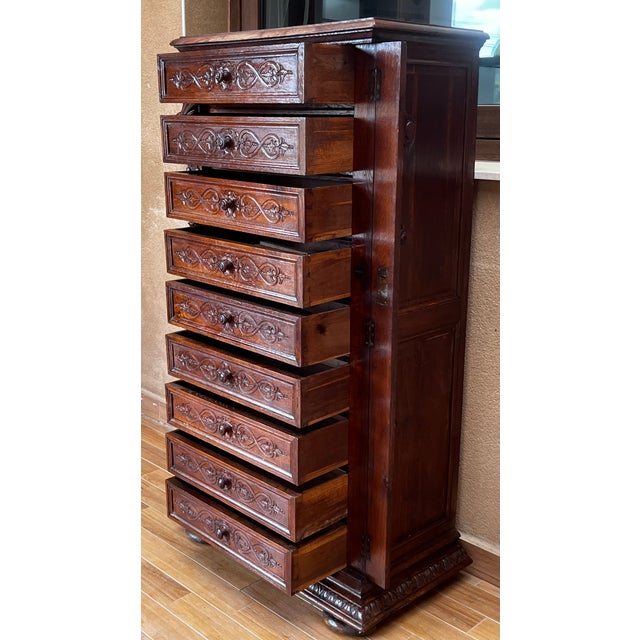 Late 19th Walnut Nine Drawer Tall French Carved Chest or Siffonier For Sale - Image 4 of 12