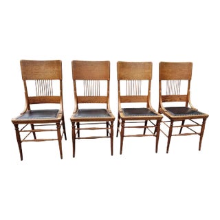 Early American Pressed Oak Studded Back & Nail Leather Dining Chairs, a Set For Sale