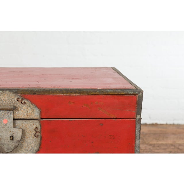 Red Chinese Qing Dynasty Period 19th Century Red Lacquer Trunk with Metal Edging For Sale - Image 8 of 13