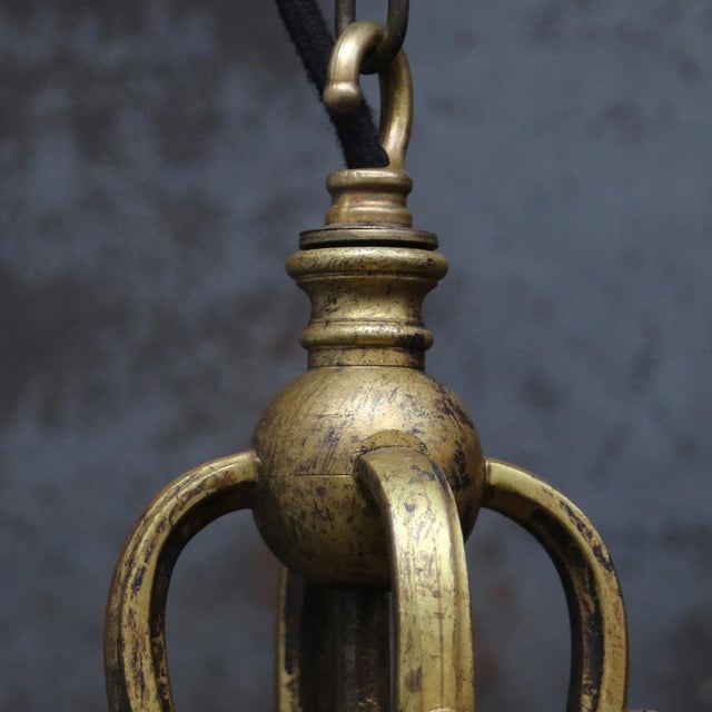 French Art Nouveau Brass and Etched Glass Lantern Pendant Light, 1920s For Sale - Image 9 of 12