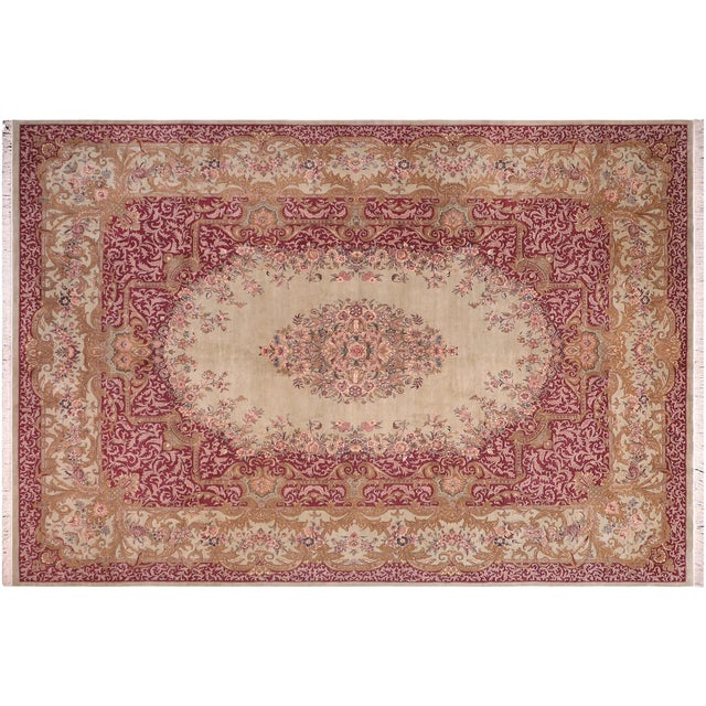 Raspberry Red Shabby Chic Abusson Pak-Persian Green/Maroon Wool Rug - 10'0'' X 14'0'' For Sale - Image 8 of 8