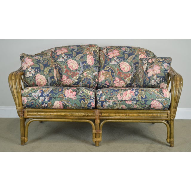 Rattan Curved Back Loveseats With Custom Floral Upholstered Cushions