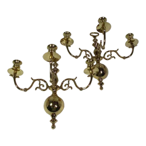1970s Three Arm Solid Brass Candle Holder Wall Sconces- a Pair