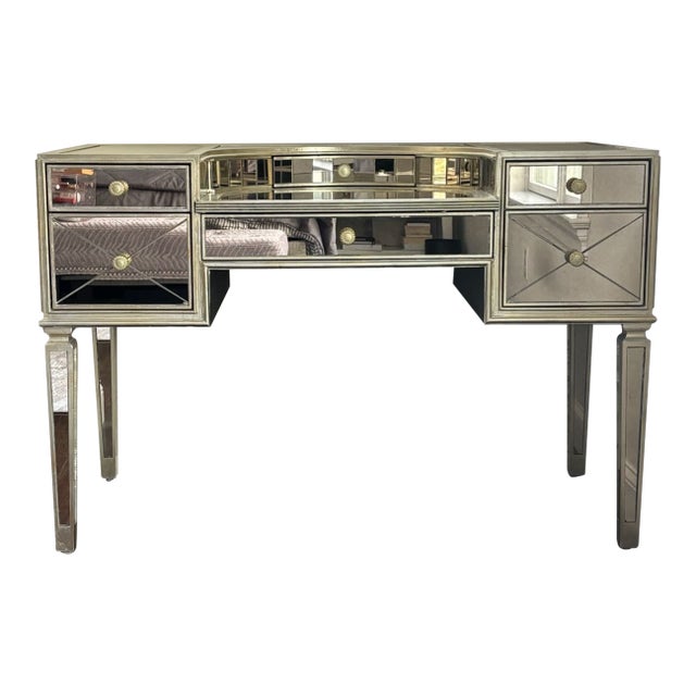 Mirrored Vanity Desk With Antiqued Glass and Brass Hardware For Sale