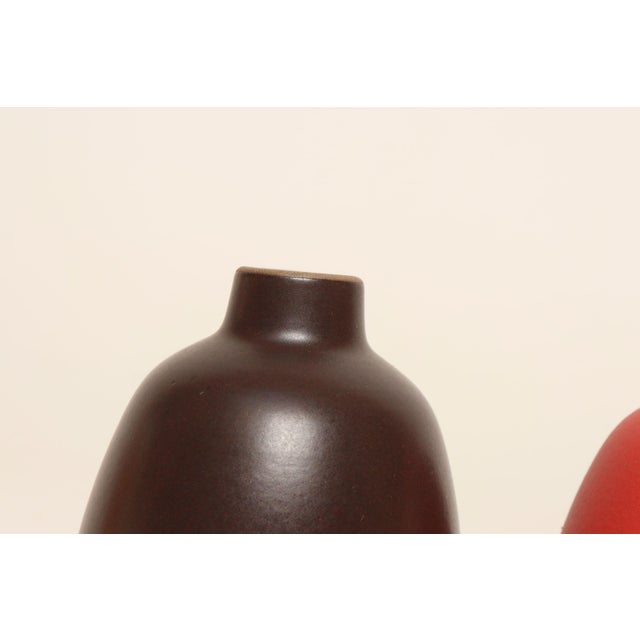 Raspberry Red Pair of Petite Ceramic Bud Vases #130 in Matte Suede Red and Dark Brown by Heath For Sale - Image 8 of 9