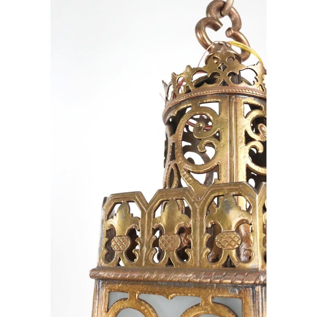 Oscar Bach Mid 20th Century Oscar Bach Style Cast Bronze Frosted Glass Pendant Light For Sale - Image 4 of 14