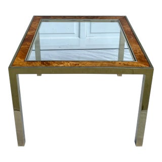1960's Brass, Burl-Wood and Glass Parsons Side Table For Sale