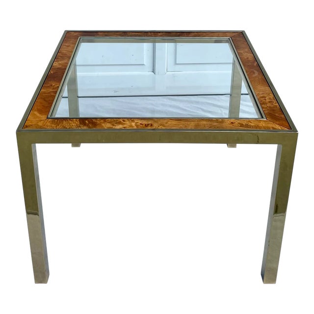 1960's Brass, Burl-Wood and Glass Parsons Side Table For Sale