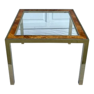 1960's Brass, Burl-Wood and Glass Parsons Side Table