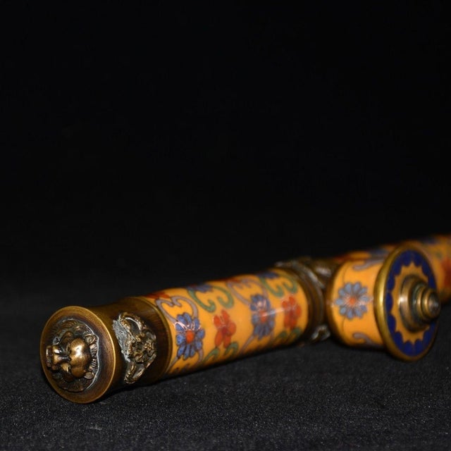 Brass Vintage Cloisonné Enamel and Brass Opium Pipe With Floral Motif For Sale - Image 8 of 9