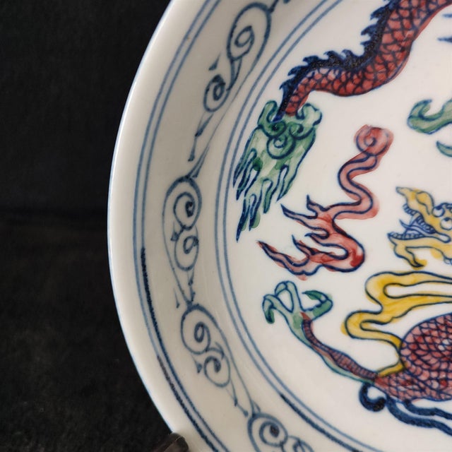 White Chinese Ceramic Plate,Guangxu Marked Famille Rose Porcelain Plate Hand Painted Dragon Pattern For Sale - Image 8 of 11