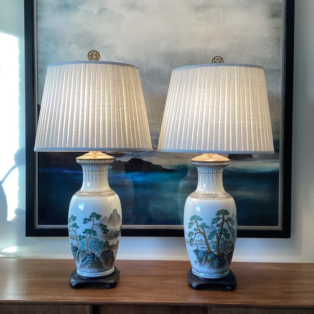 Mid 20th Century Mid 20th Century Large Chinoiserie Hand-Painted Porcelain Table Lamps With Pleated Shades - a Pair For Sale - Image 5 of 6