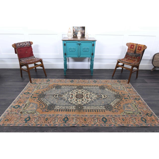 Art Deco 1970s Vintage Turkish Oushak Handmade Wool Cotton Orange Area Rug For Sale - Image 3 of 11