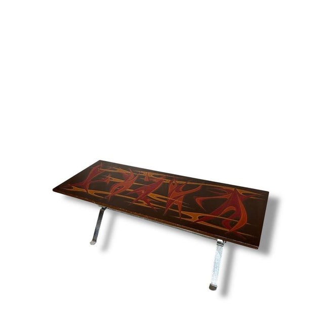 Mid-Century Coffee Table with Hand-Painted Flames and Chrome Frame For Sale - Image 6 of 7