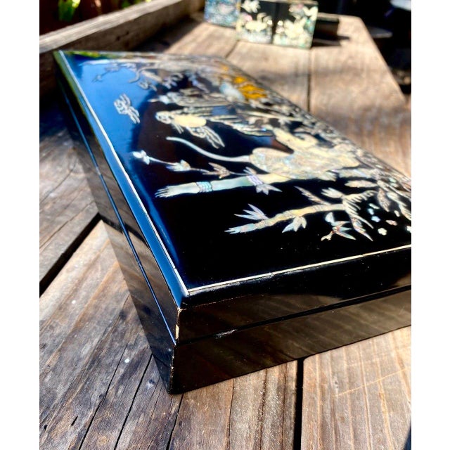 Tiger Smoking Box & Ashtray Set Circa 1950 Korean Black Lacquer Mother-of-Pearl For Sale - Image 14 of 18