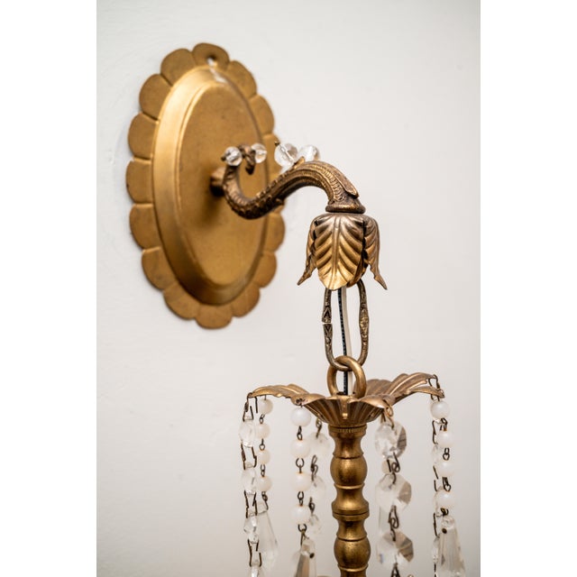Hollywood Regency Mid 20th Century Monumental Pair of 25” Hollywood Regency Porcelain Rooster Crystal Sconces – Gilt Italianate Figural Wall Lights For Sale - Image 3 of 5