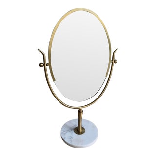Vintage XL Brass & Carrara Marble Double-Sided Vanity Mirror Attributed to Charles Hollis Jones For Sale