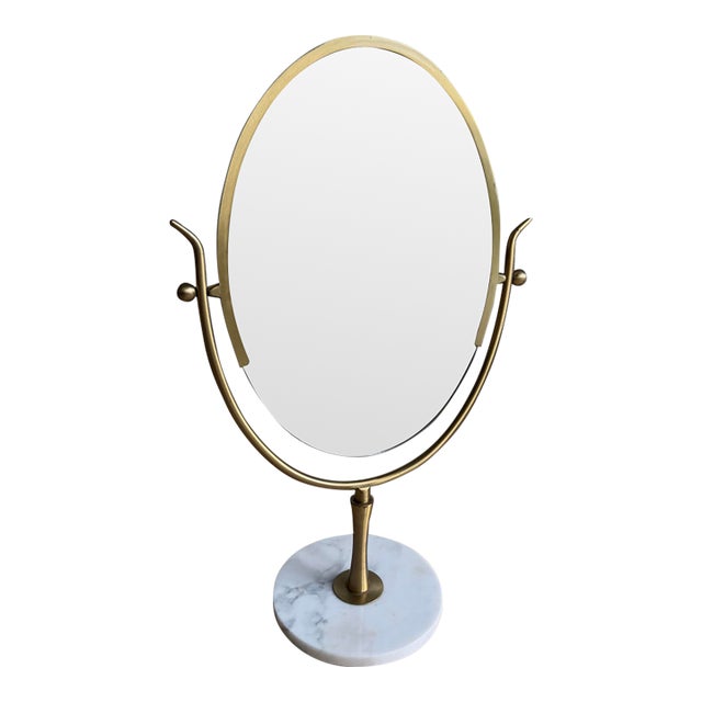 Vintage XL Brass & Carrara Marble Double-Sided Vanity Mirror Attributed to Charles Hollis Jones For Sale