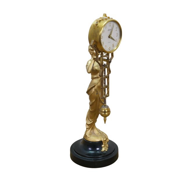 Art Nouveau Japanese Linden Art Nouveau Swinging 8 Day Diana Statue Desk Clock 14" For Sale - Image 3 of 18