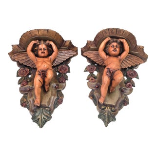 Vintage Italian Carved Wood Cherub Wall Sconces a Pair For Sale