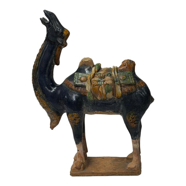 Oriental Ceramic Sancai Dark Blue Brown Beige Fengshui Artistic Camel Figure For Sale