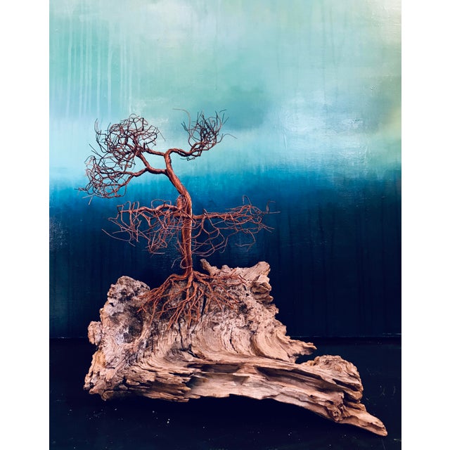 Wood Organic Modern Copper Wire Tree on Wood Sculpture For Sale - Image 7 of 12