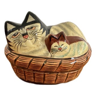 Vintage Papier-Mâché Cat Basket Trinket Box For Sale