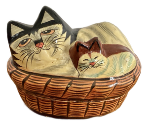 Vintage Papier-Mâché Cat Basket Trinket Box