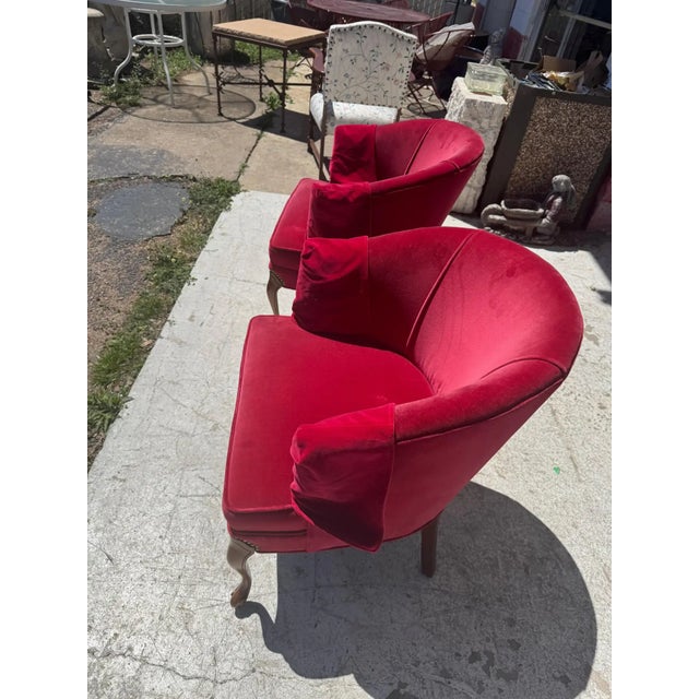Pair of Red Velvet Vintage Tub Chairs For Sale - Image 4 of 5