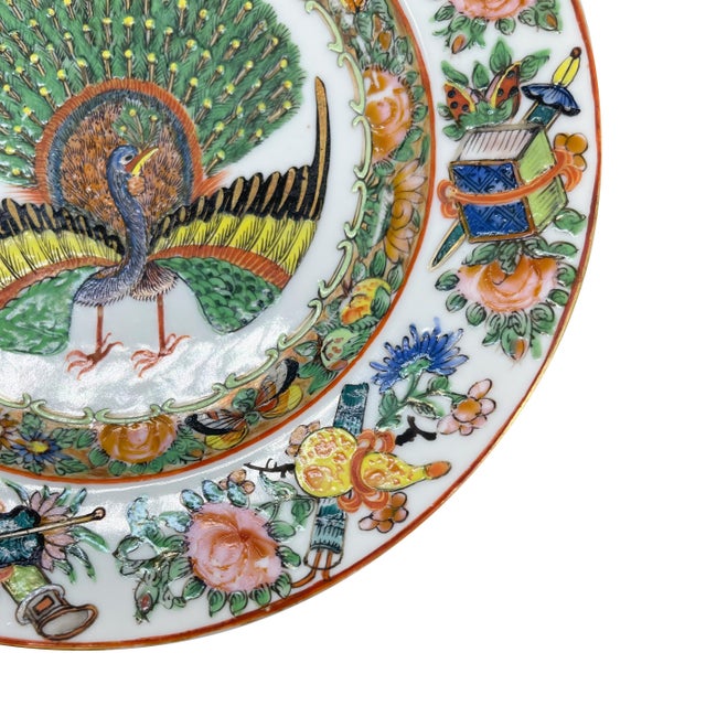 Chinese Export Canton Famille Rose Plate With Rare Central Peacock, Ca. 1865 For Sale - Image 6 of 10