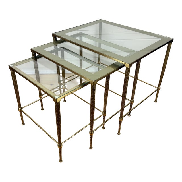 Vintage Hollywood Regency Brass and Glass Nesting Tables, 1950s, Set of 3 For Sale