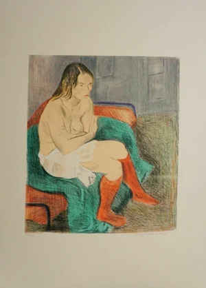 1980s Raphael Soyer Woman in Red Stockings Color Print
