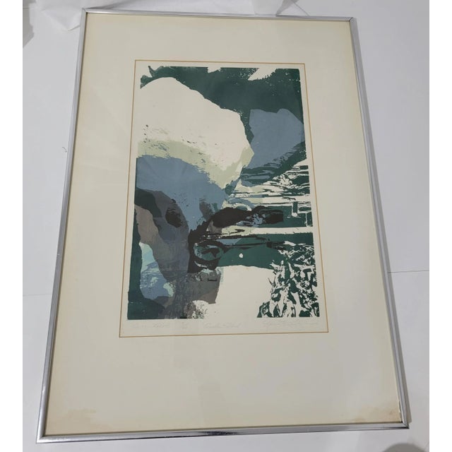 Vintage Abstract Art Print by Mystery Artist. Calming hues of Blue and Green. The process appears to be screen-printing or...