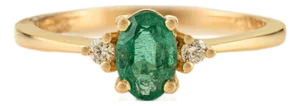 14k Yellow Gold Three Stone Ring Size 6.5 With Oval Cut Natural Emerald & Diamond