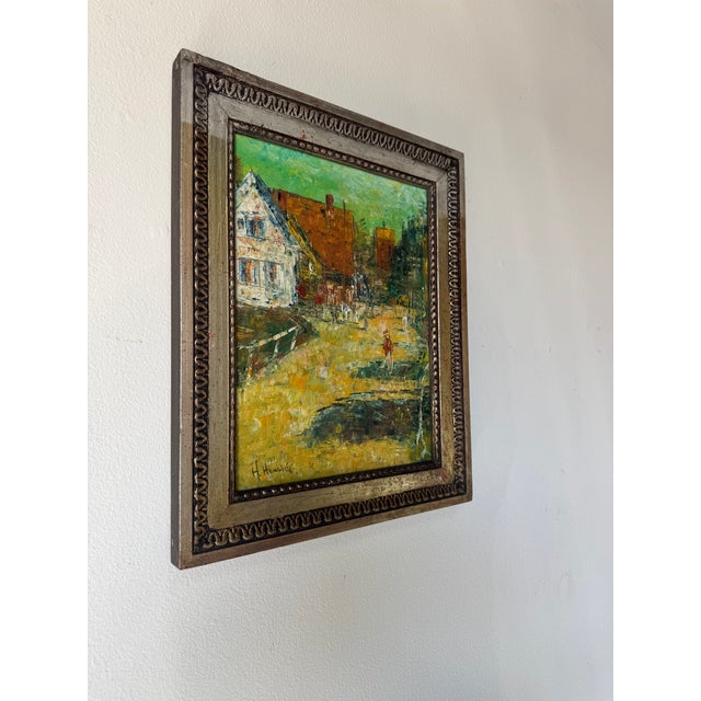 This charming vintage impressionist cityscape oil on canvas by H. Hawick, depicting a lively urban street scene rendered...