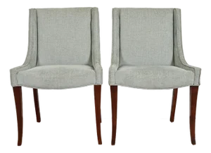 Baker Furniture Modern Regency Carved Mahogany and Upholstered Slipper Chairs or Dining Chairs, Pair