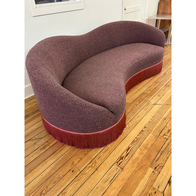 Pink Crescent Mid Century Style Sofa With Fringed Hem. Newly Reupholstered in Maharam Fabric. For Sale - Image 8 of 8