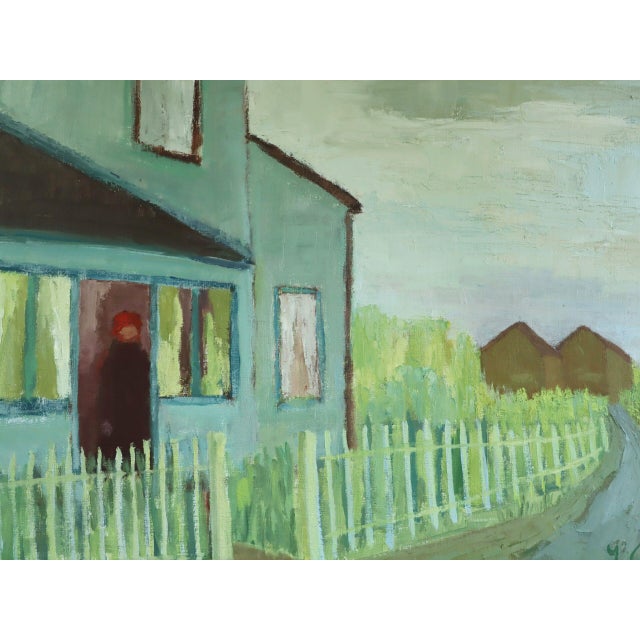 Green Mid-Century Modern 'Waiting at the Door' Swedish Expressive Street Scene Landscape Oil Painting, Framed For Sale - Image 8 of 11