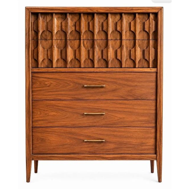 Mid-Century Modern Vintage Mid Century Modern Kent Coffey Lowboy & Highboy Dresser Set. Sculpted Geometric Doors, Attributed For Sale - Image 3 of 3