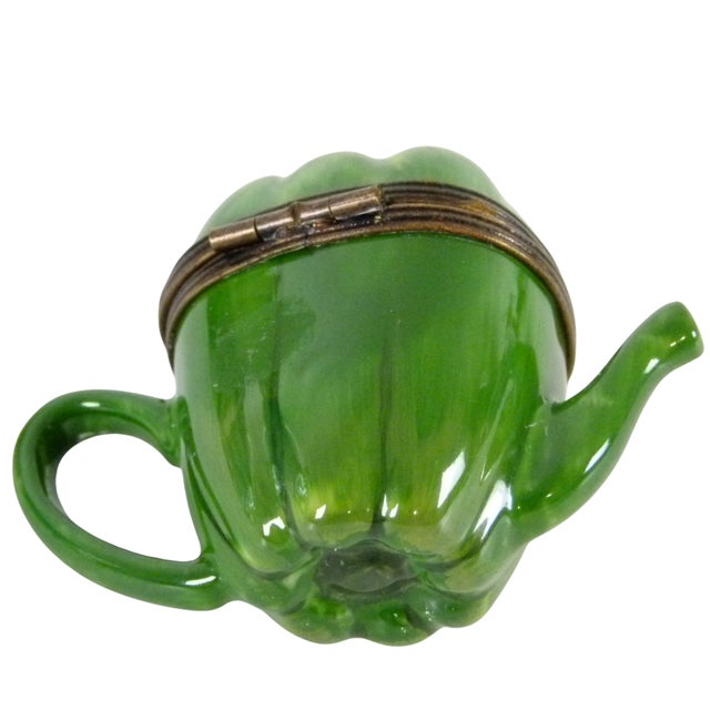 Limoges, France Limoges France Porcelain Green Pepper Tepot Trinket Box | Hand Painted by Jd Artisan Decorating Studio For Sale - Image 4 of 10