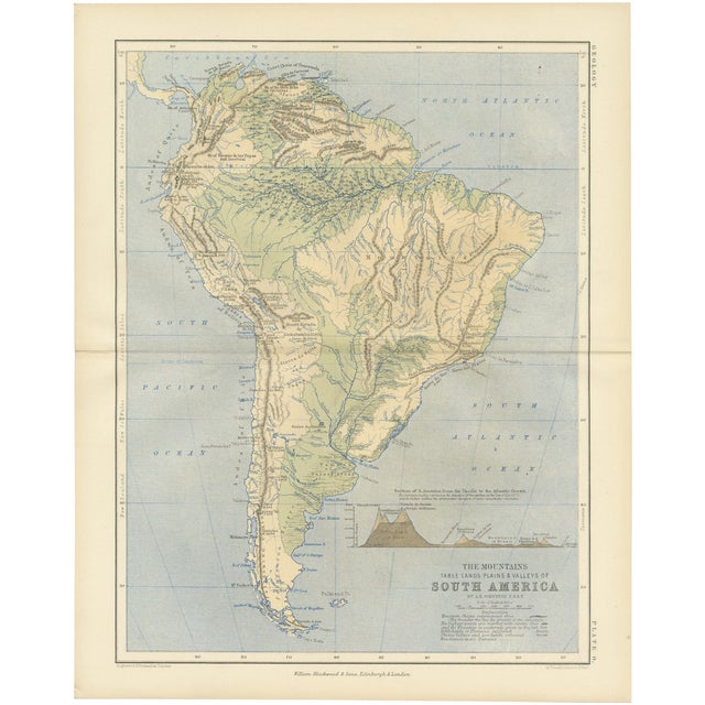 Geological Map of South American Mountains and Valleys by A.K. Johnston, 1852 For Sale