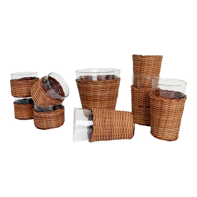 Vintage Wicker & Glass Drink Set, Ice Bucket & 8 Glasses For Sale
