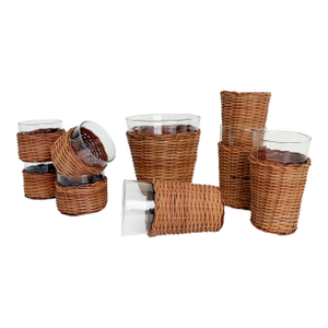 Vintage Wicker & Glass Drink Set, Ice Bucket & 8 Glasses