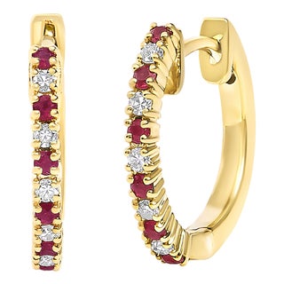 10K Yellow Gold Alternating Diamond and Red Ruby Huggy Hoop Earrings (I-J Color, I1-I2 Clarity) For Sale